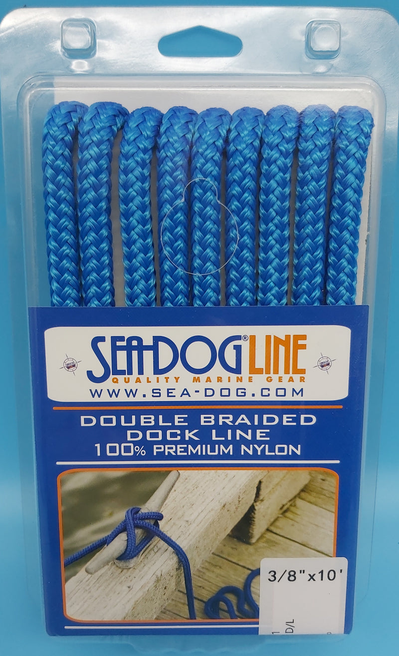 SeaDog Line 302110010BL-1. Premium Double Braided Nylon Dock Line, Blue, 3/8" x 10'. Professionally spliced soft eye at one end. 