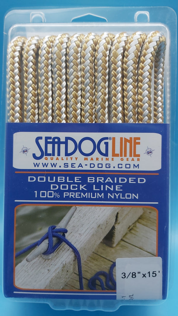 SeaDog Line 302110015G/W-1. Premium Double Braided Nylon Dock Line, Gold/White, 3/8" x 15'. Ideal for boats up to 20' long.