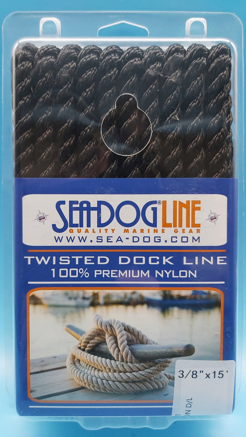 SeaDog Line 301110015BK-1. Premium Twisted Three-Strand Nylon Dock Line, Black, 3/8" x 15'. Ideal for boats up to 20' long.