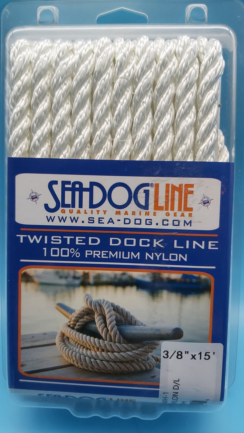 SeaDog Line 301110015WH-1. Premium Twisted Three-Strand Nylon Dock Line, White, 3/8" x 15' Ideal for boats up to 20' long.