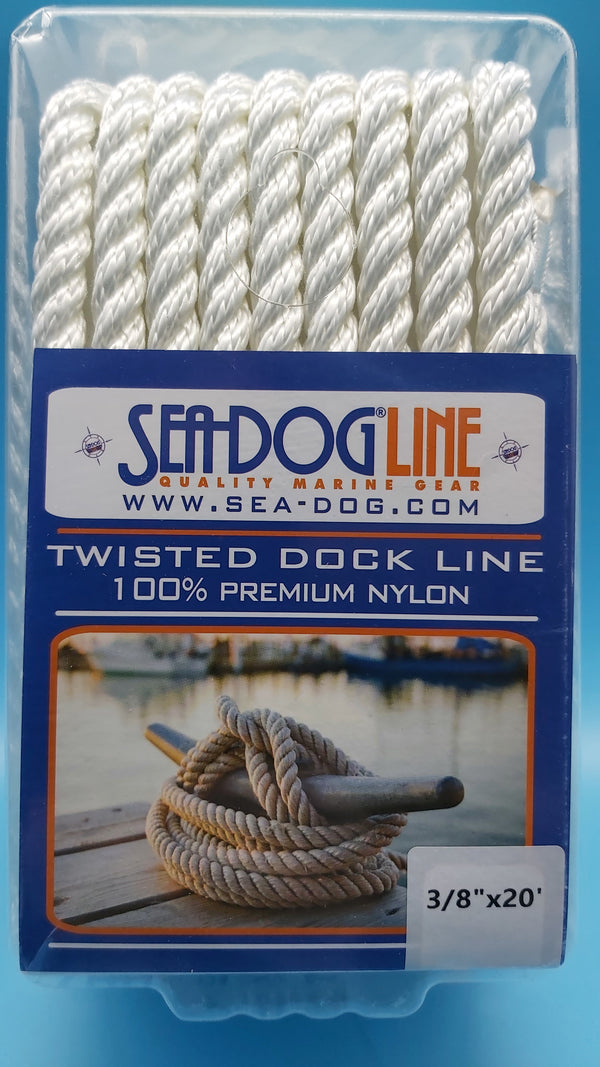 SeaDog Line 301110020WH-1. Premium Twisted Three-Strand Nylon Dock Line, White, 3/8" x 20'. Ideal for boats up to 20' long.