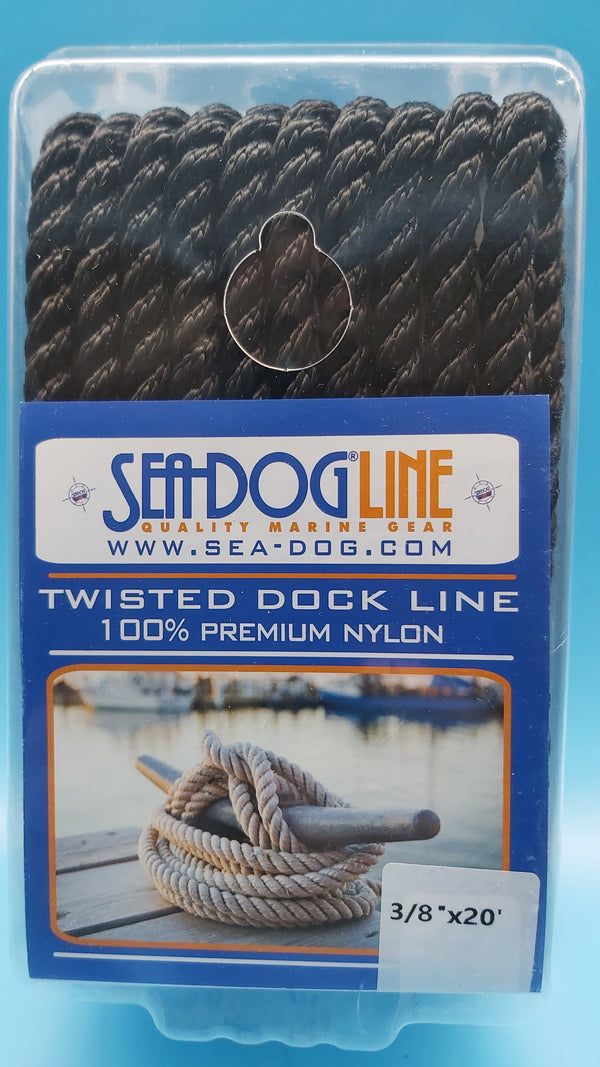 SeaDog line 301110020BK-1. Premium Twisted Three-Strand Nylon Dock Line, Black, 3/8" x 20'. Ideal for boats up to 20' long.