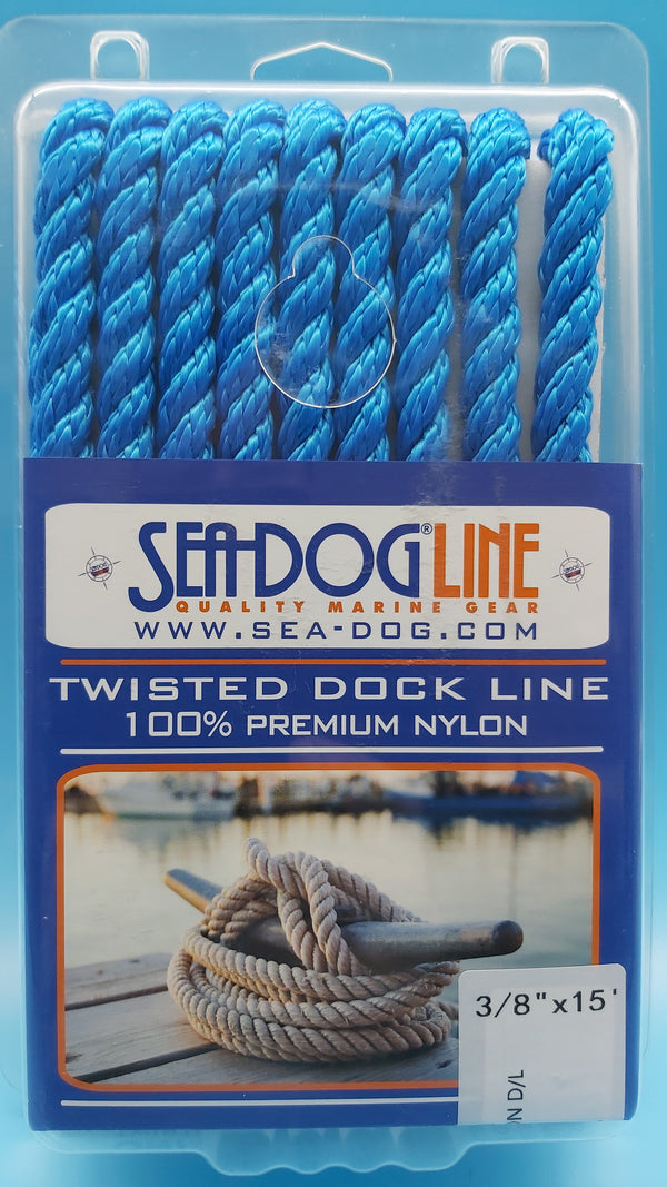 SeaDog Line 301110015BL-1. Premium Twisted Three-Strand Nylon Dock Line, Blue, 3/8" x 15'. Ideal for boats up to 20' long.