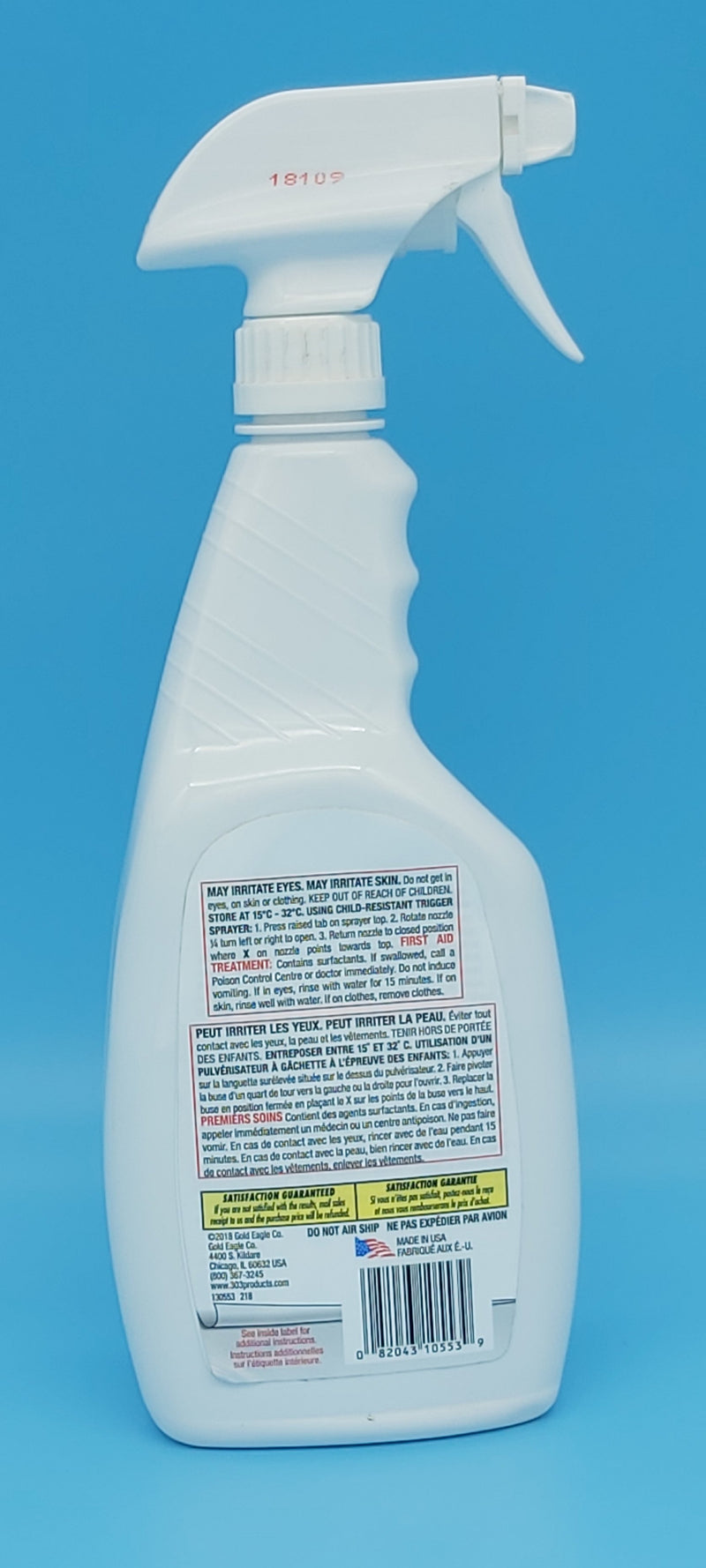 303 Mold and Mildew Cleaner and Blocker. Back of bottle.