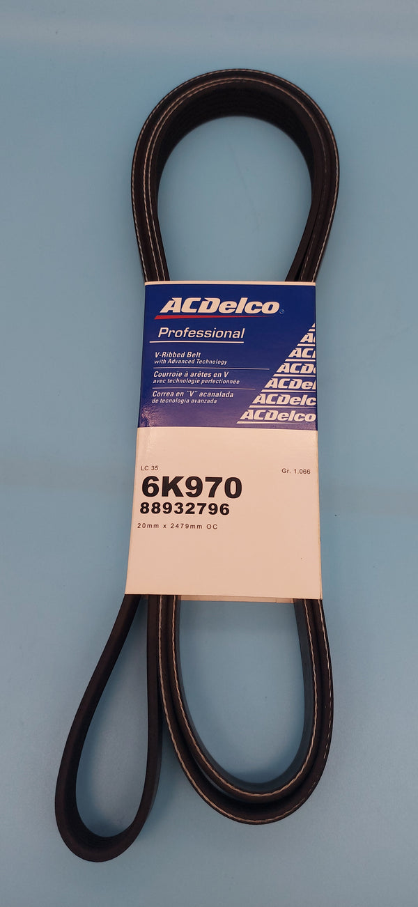 AC Delco 6K970 ribbed serpentine belt. In our experience, these are the most reliable and quiet running aftermarket belts for marine applications.