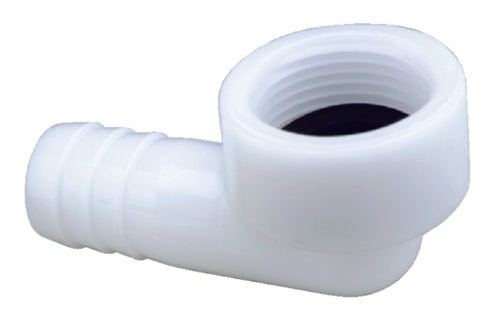 Attwood-38903-90-connector-acetal.  female end fits A-series aerator pump outlets & Tsunami threaded outlets. Barbed end - 3/4" ID hose