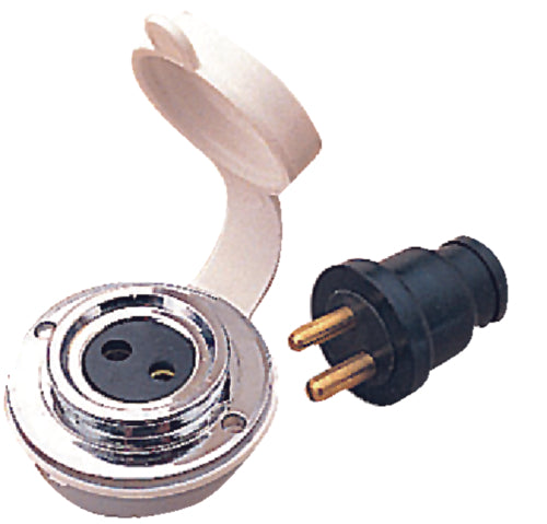 Sea-Dog Line 426142-1   Chrome Brass Polarized Cable Outlet & Plug. For use as a 2-conductor deck cable outlet. Includes a rubber gasket and water resistant cap.