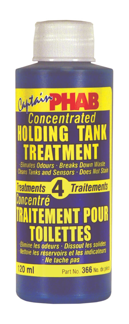 Captain Phab 366 Can Ad Holding Tank Treatment, 6oz Liquid. 100% biodegradable and environmentally safe. Breaks down waste and tissue, lubricates valves & prevents clogging. 