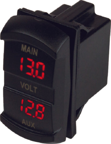 Sea-dog Line 421636-1 Cobra Dual Voltmeter - Rocker Switch Style. Monitors and displays the voltage for main and auxiliary batteries simultaneously. Rocker switch styling means this voltmeter fits any standard 13/16” x 1-7/16” rocker switch panel slot.