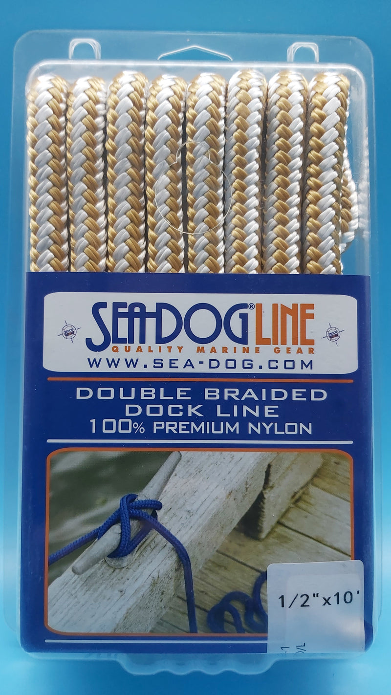.Seadog Line 302112010G/W-1. Premium Double Braided Nylon Dock Line, Gold/White, 1/2" x 10'. Ideal for boats from 21' to 32' long.