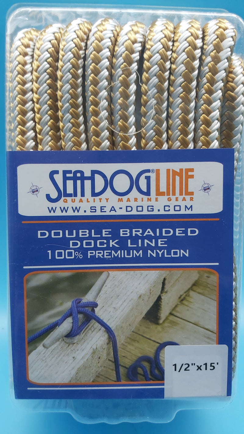 SeaDog Line 302112015G/W-1. Premium Double Braided Nylon Dock Line, 1/2" x 15', Gold/White. Ideal for boats 21' to 32' long.