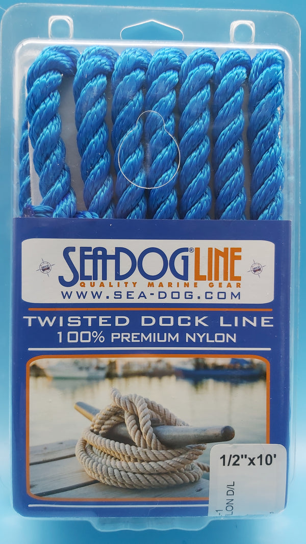 SeaDog Line 301112010BL-1. Premium Twisted Three-Strand Nylon Dock Line, Blue, 1/2" x 10'. Ideal for boats 21' to 32' Long.