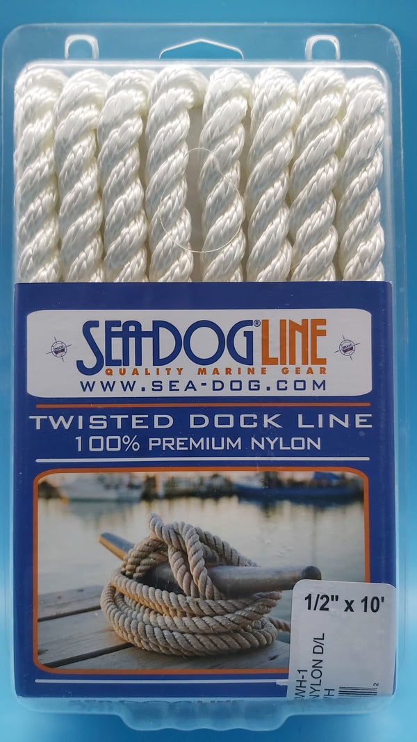 SeaDog Line 301112010WH-1. Premium Twisted Three-Strand Nylon Dock Line, White, 1/2" x 10'. Ideal for boats 21' to 32' long.