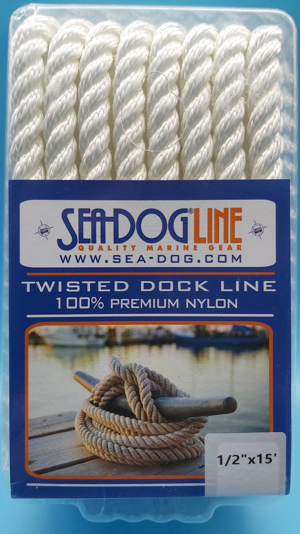 SeaDog Line 301112015WH-1. Premium Twisted Three-Strand Nylon Dock Line, White, 1/2" x 15'. Ideal for boats 21' to 32' long.