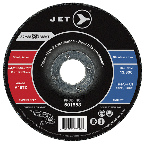 Jet Tools 501653 Cut-Off & Light Grinding Wheel - POWER-XTREME DUO - T27 DC A46PX-DUO - 4-1/2x5/64x7/8"