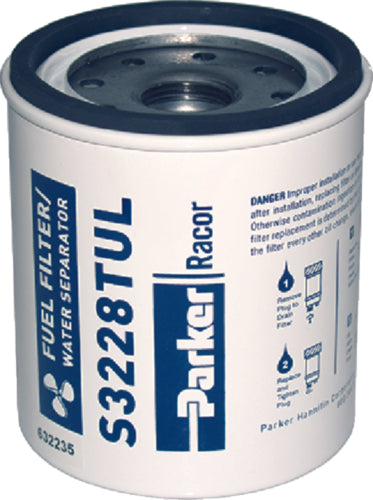 Racor S3228TUL spin on fuel filter. 10 Micron Aquabloc® Spin-on Element for 320R-RAC-01/02, 490R-RAC-01 Series - UL Listed: Yes