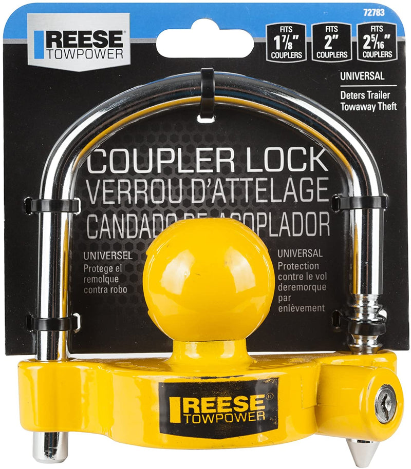Reese Towpower 72783 Universal Coupler Lock package details.  Durable cast aluminum body Fits 1-7/8", 2" and 2-5/16" couplers. Bright yellow for high visibility. Includes 2 keys .