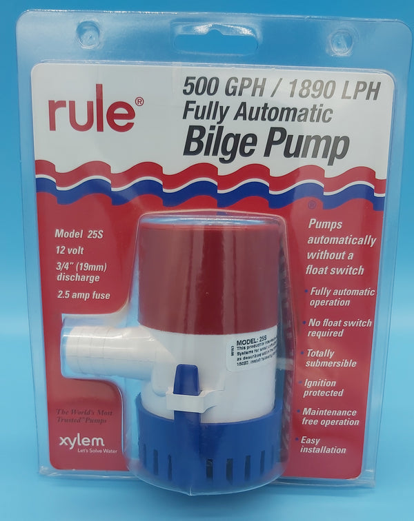 Rule 25S Fully Automatic Bilge Pump. Pumps without a float switch.  Fully Automatic operation.  Totally Submersible.  Ignition Protected and Maintenance free.