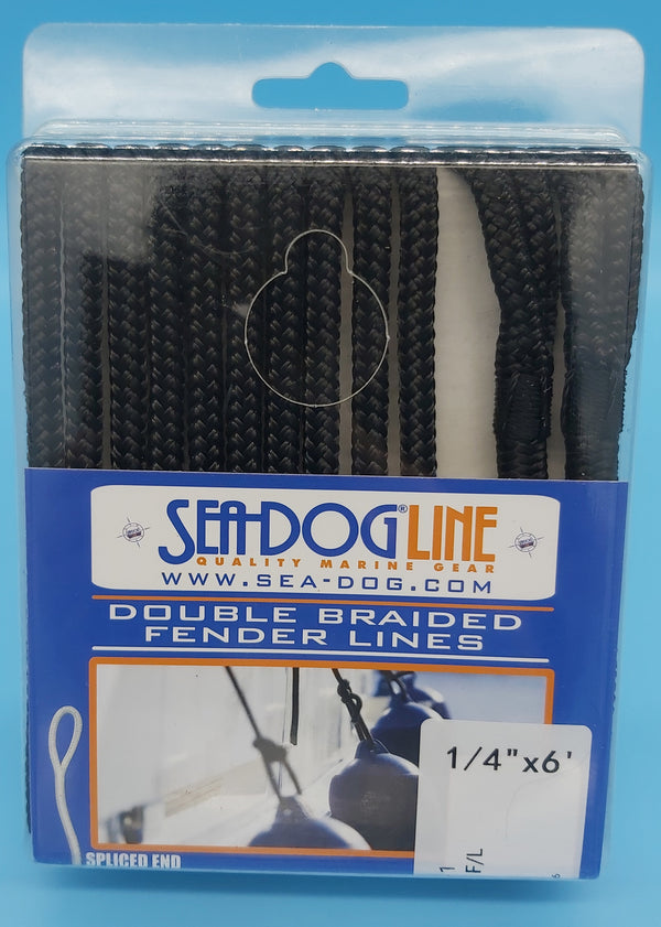 Premium Double Braided Nylon Fender Line, 1/4" × 6', Black 1 Pair. Yacht whipped at bitter end and splice point. 2" eye.