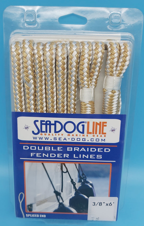 SeaDog Line 302110006G/W-1. Premium Double Braided Nylon Fender Line, 3/8" × 6', Gold/White, 1Pair. Yacht whipped at bitter end and splice point. 3" eye.