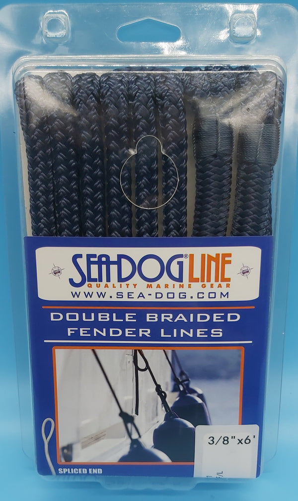 SeaDog Line  302110006NV-1 Premium Double Braided Nylon Fender Line, 3/8" × 6', Navy, 1 pair. Yacht whipped at bitter end and splice point. 3" eye.