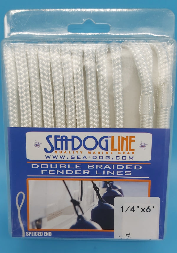 SeaDog Line 302106006WH-1 Premium Double Braided Nylon Fender Line, 1/4" × 6', White, 1Pair. Yacht whipped at bitter end and splice point. 2" eye.