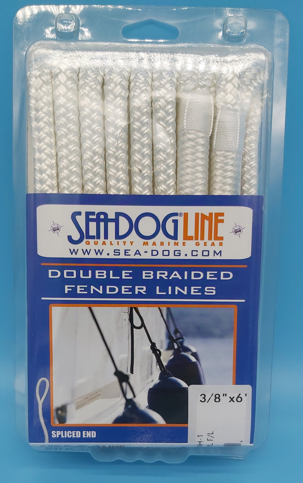 Premium Double Braided Nylon Fender Line, 3/8" × 6', White, 1 Pair. Yacht whipped at bitter end and splice point. 3" eye.
