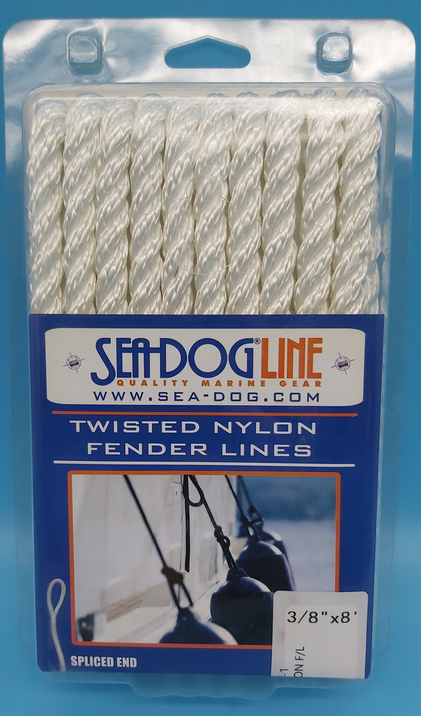 SeaDog Line 301106008WH-1. Premium Twisted Three-Strand Nylon Fender Line, White, 3/8" x 8', 2/pk. Yacht whipped at bitter end and splice point. 3" Eye.