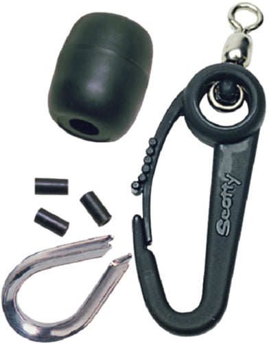 Scotty 1154 Snap-terminal-kit contains: 1 Swivel hook (No.1009), 3 sleeves, 1 stainless steel thimble and 1 soft stop bumper.