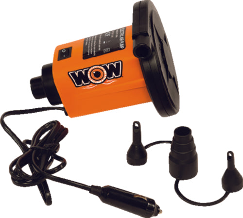 Wow-12v-dc-air-pump. Quickly plugs into your car, boat, or RV for fast inflation and deflation of your favorite towables, toys, inflatables, and air mattresses. 